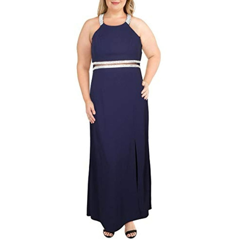 Sequin Hearts Elegant Navy Maxi Dress with Silver Details